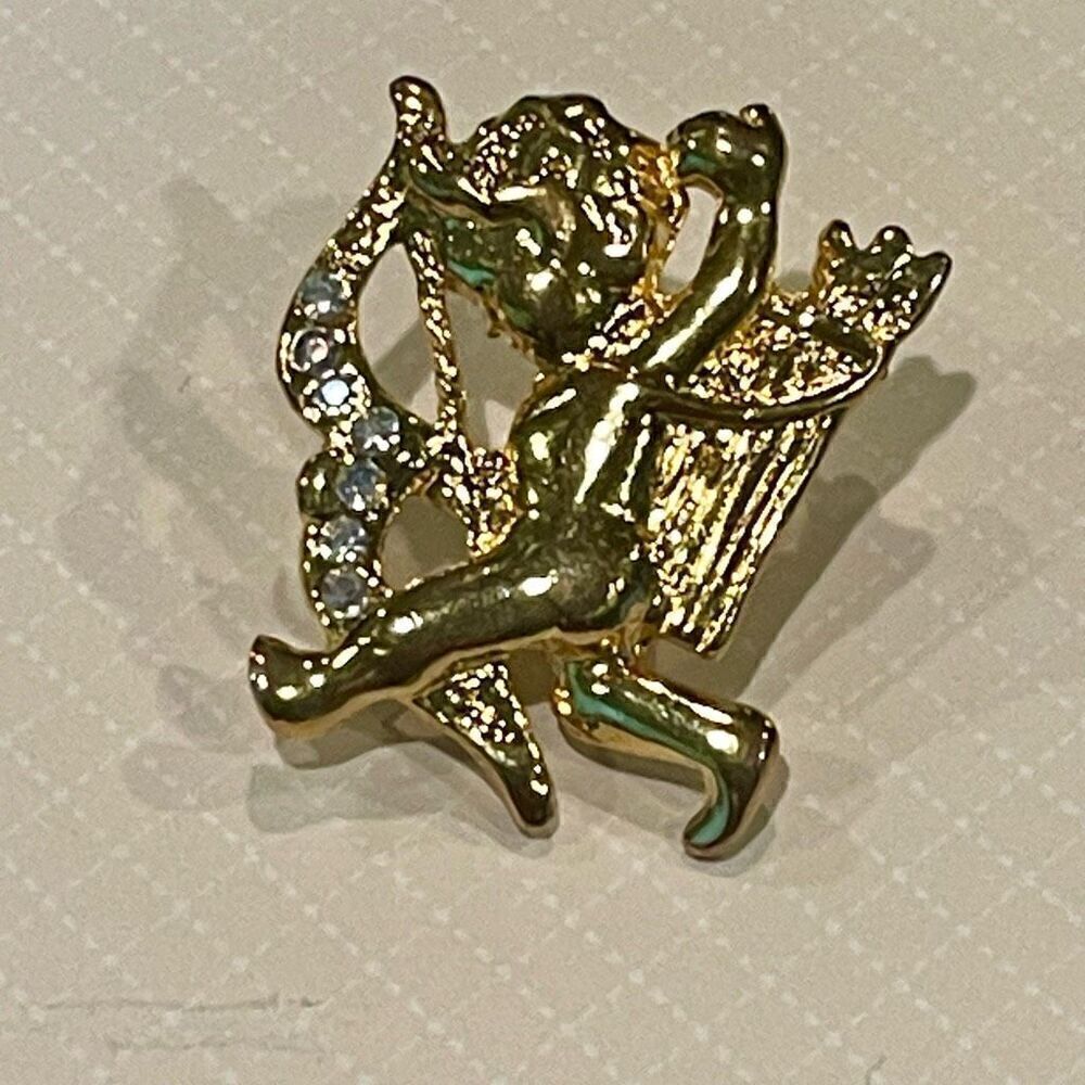 Vintage Gold Cherub Angel Brooch Womens Casual Crystal Rhinestone Fashion Pin